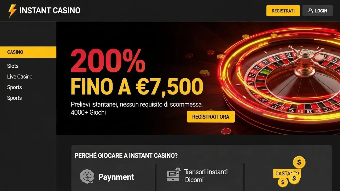 Banner homepage Instant Casino con bonus e metodi di pagamento